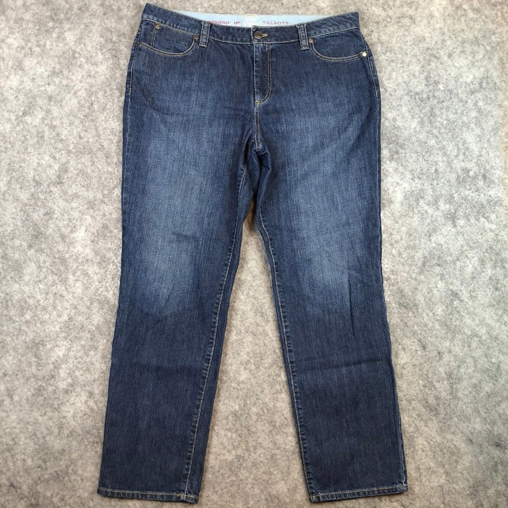 Talbots Jeans Size 14P Boyfriend Faded Distressed Mid Rise Straight Crop Blue